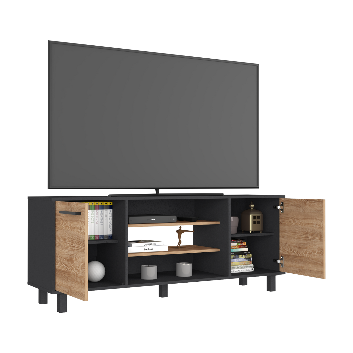 Tv Stand for TV´s up 55" Washington, Four Shelves, Black Wengue / Pine Finish