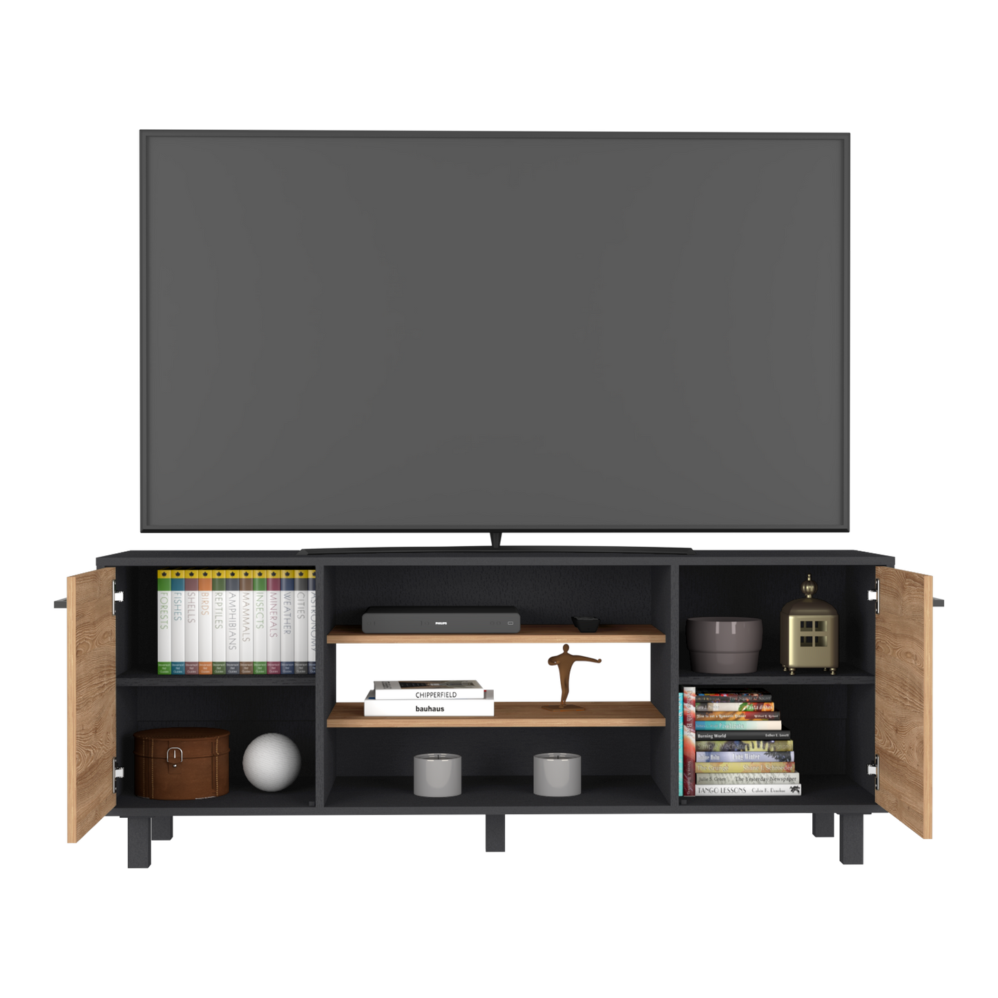 Tv Stand for TV´s up 55" Washington, Four Shelves, Black Wengue / Pine Finish