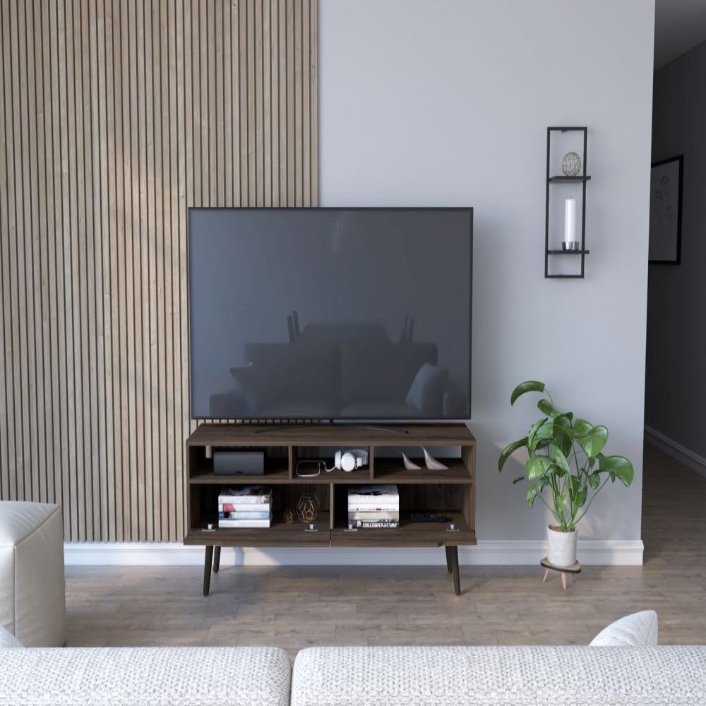 Tv Stand for TV´s up 52" Bull, Three Open Shelves, Two Flexible Drawers, Dark Walnut Finish