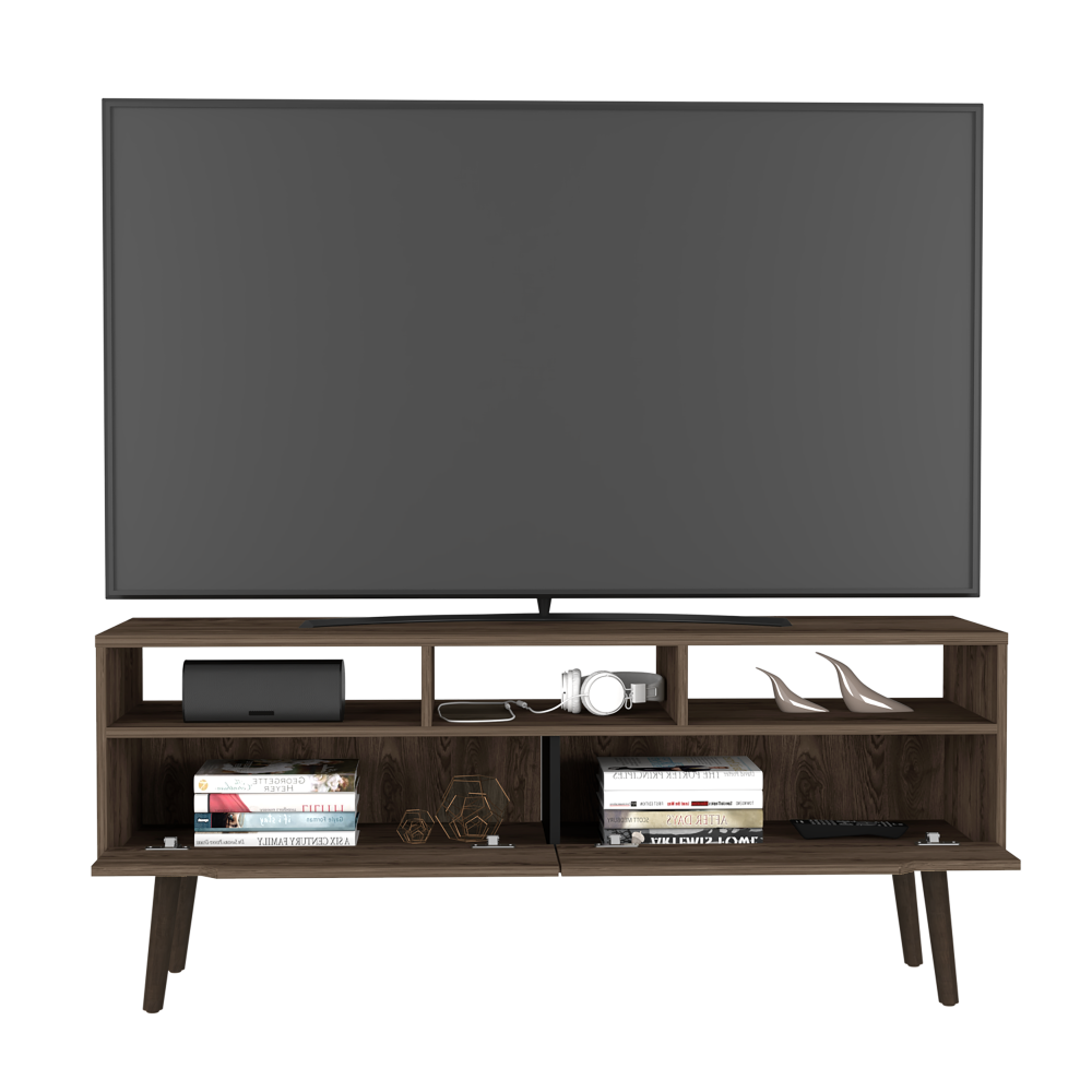 Tv Stand for TV´s up 52" Bull, Three Open Shelves, Two Flexible Drawers, Dark Walnut Finish