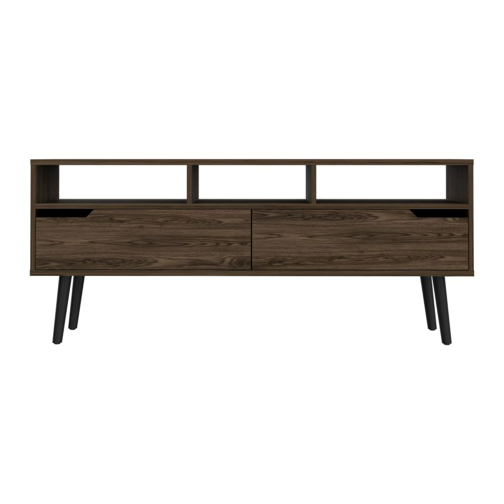 Tv Stand for TV´s up 52" Bull, Three Open Shelves, Two Flexible Drawers, Dark Walnut Finish