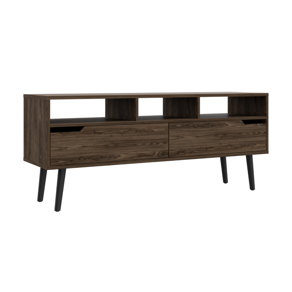 Tv Stand for TV´s up 52" Bull, Three Open Shelves, Two Flexible Drawers, Dark Walnut Finish