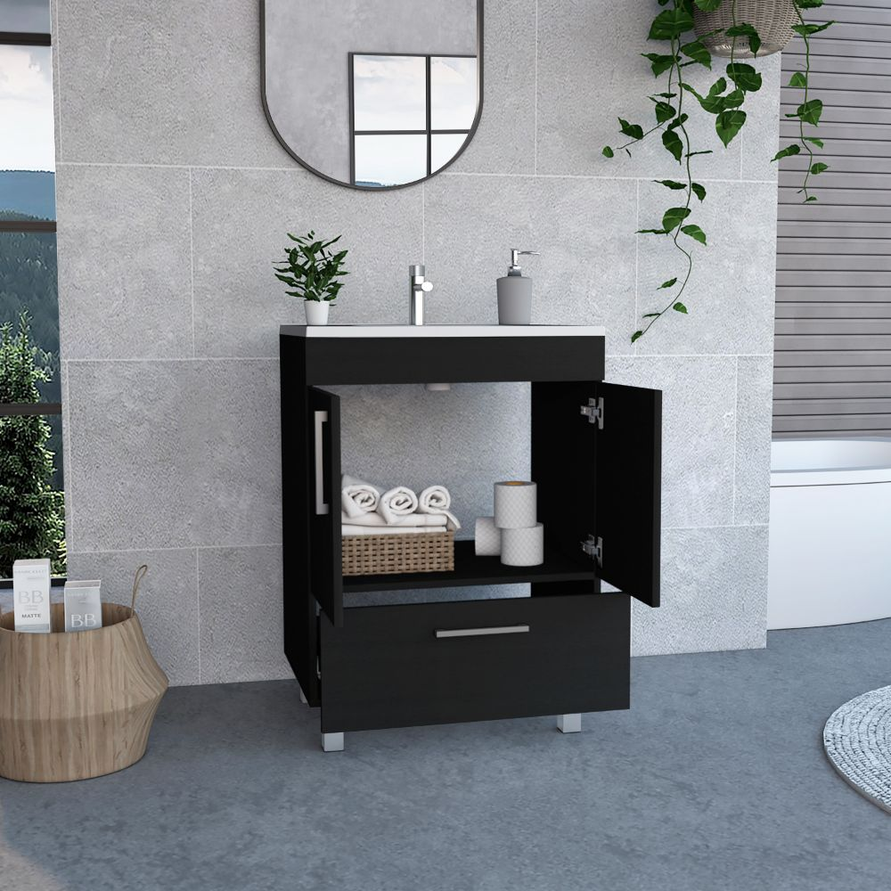 Single Bathroom Vanity Mayorca, Double Door Cabinet, One Drawer, Black Wengue Finish