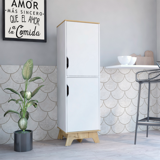 Single Kitchen Pantry Wallas, Four Shelves, Two Doors, Light Oak / White Finish