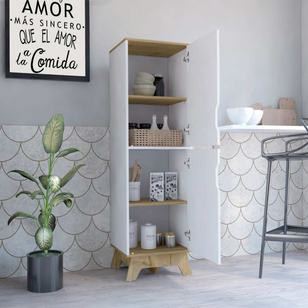 Single Kitchen Pantry Wallas, Four Shelves, Two Doors, Light Oak / White Finish