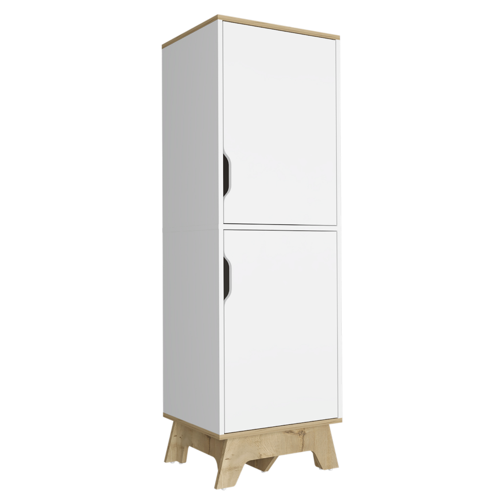 Single Kitchen Pantry Wallas, Four Shelves, Two Doors, Light Oak / White Finish