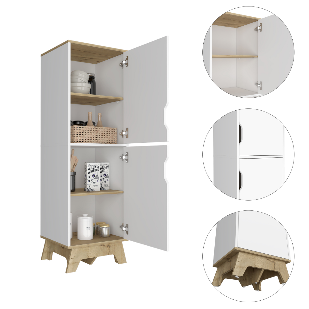 Single Kitchen Pantry Wallas, Four Shelves, Two Doors, Light Oak / White Finish