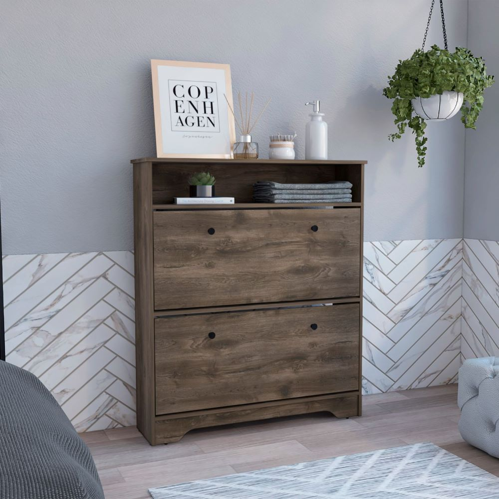 Shoe Rack Dublin, One Open Shelf, Two Extendable Cabinets, Dark Brown Finish