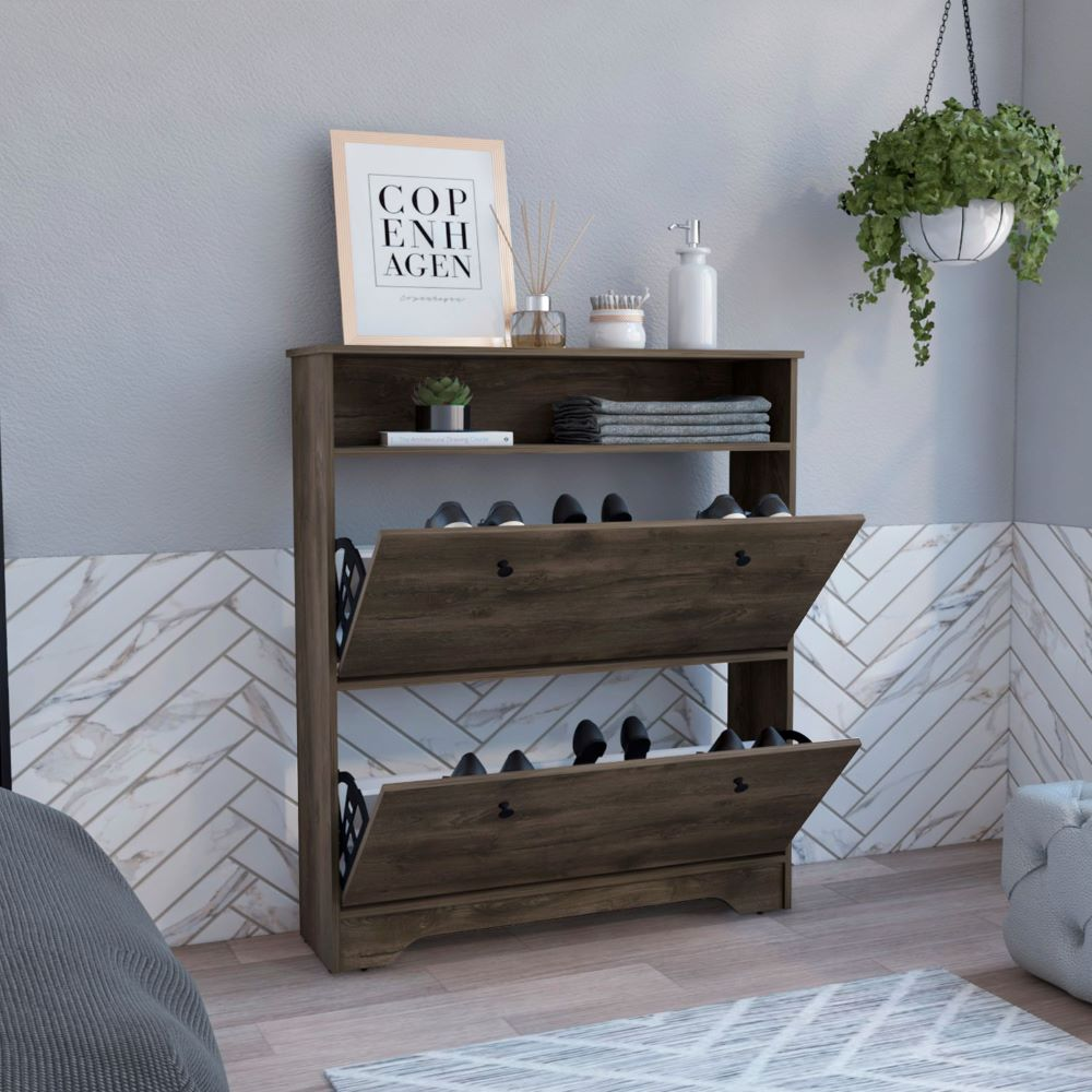 Shoe Rack Dublin, One Open Shelf, Two Extendable Cabinets, Dark Brown Finish