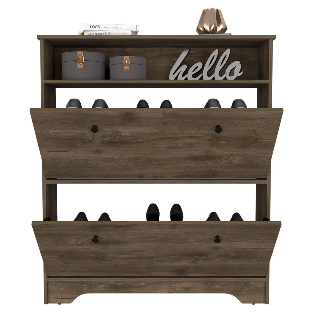 Shoe Rack Dublin, One Open Shelf, Two Extendable Cabinets, Dark Brown Finish