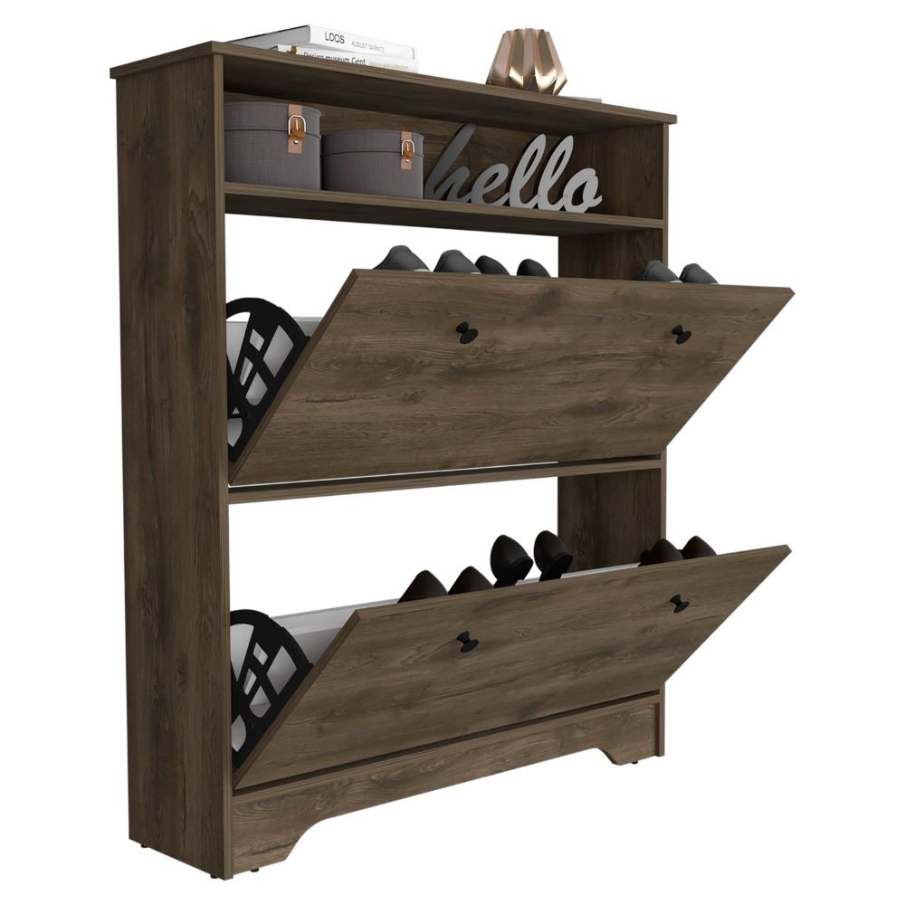 Shoe Rack Dublin, One Open Shelf, Two Extendable Cabinets, Dark Brown Finish