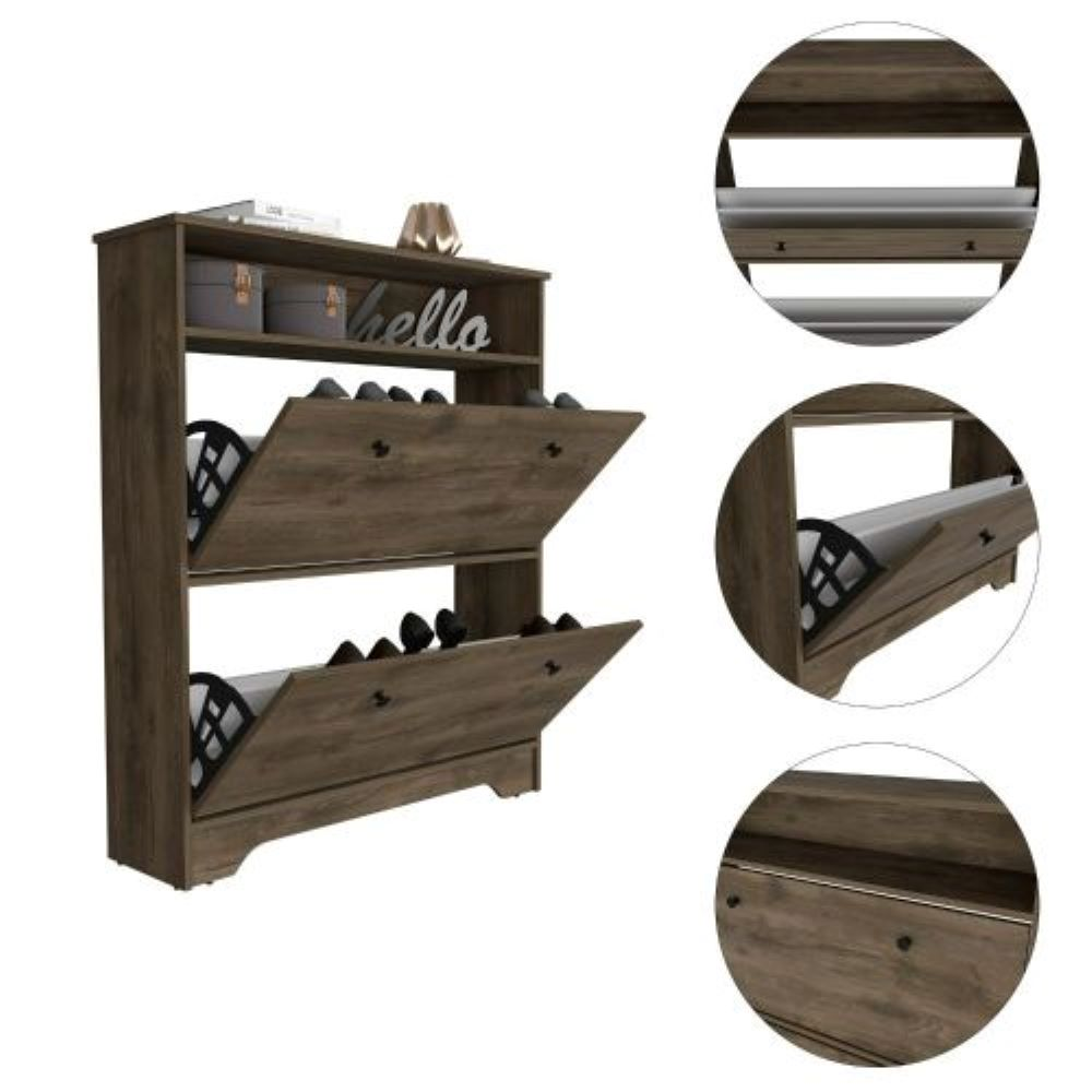 Shoe Rack Dublin, One Open Shelf, Two Extendable Cabinets, Dark Brown Finish