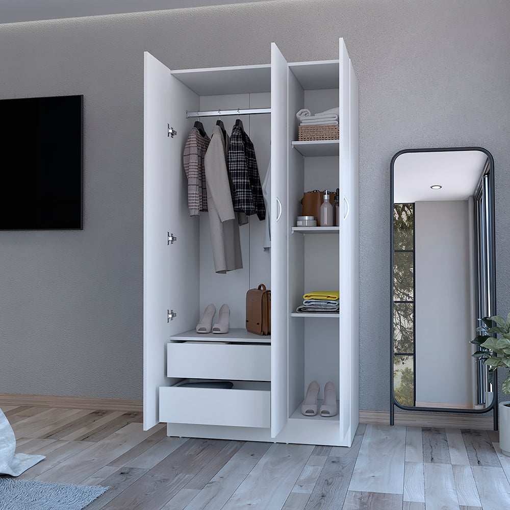 Wardrobe Erie, 4 Storage Shelves, 2 Drawers and 3 Doors, White Finish