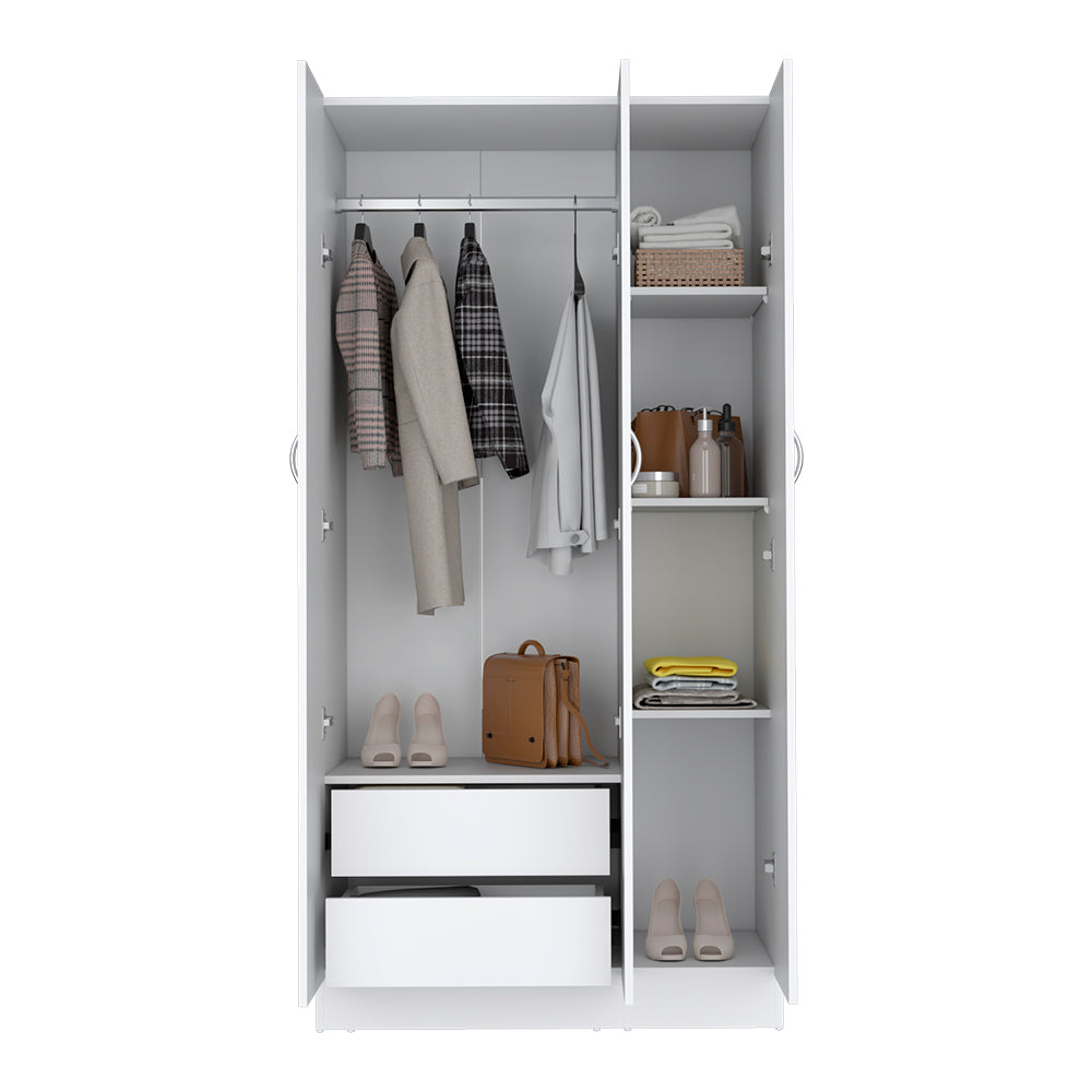 Wardrobe Erie, 4 Storage Shelves, 2 Drawers and 3 Doors, White Finish