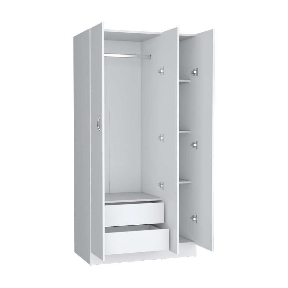 Wardrobe Erie, 4 Storage Shelves, 2 Drawers and 3 Doors, White Finish