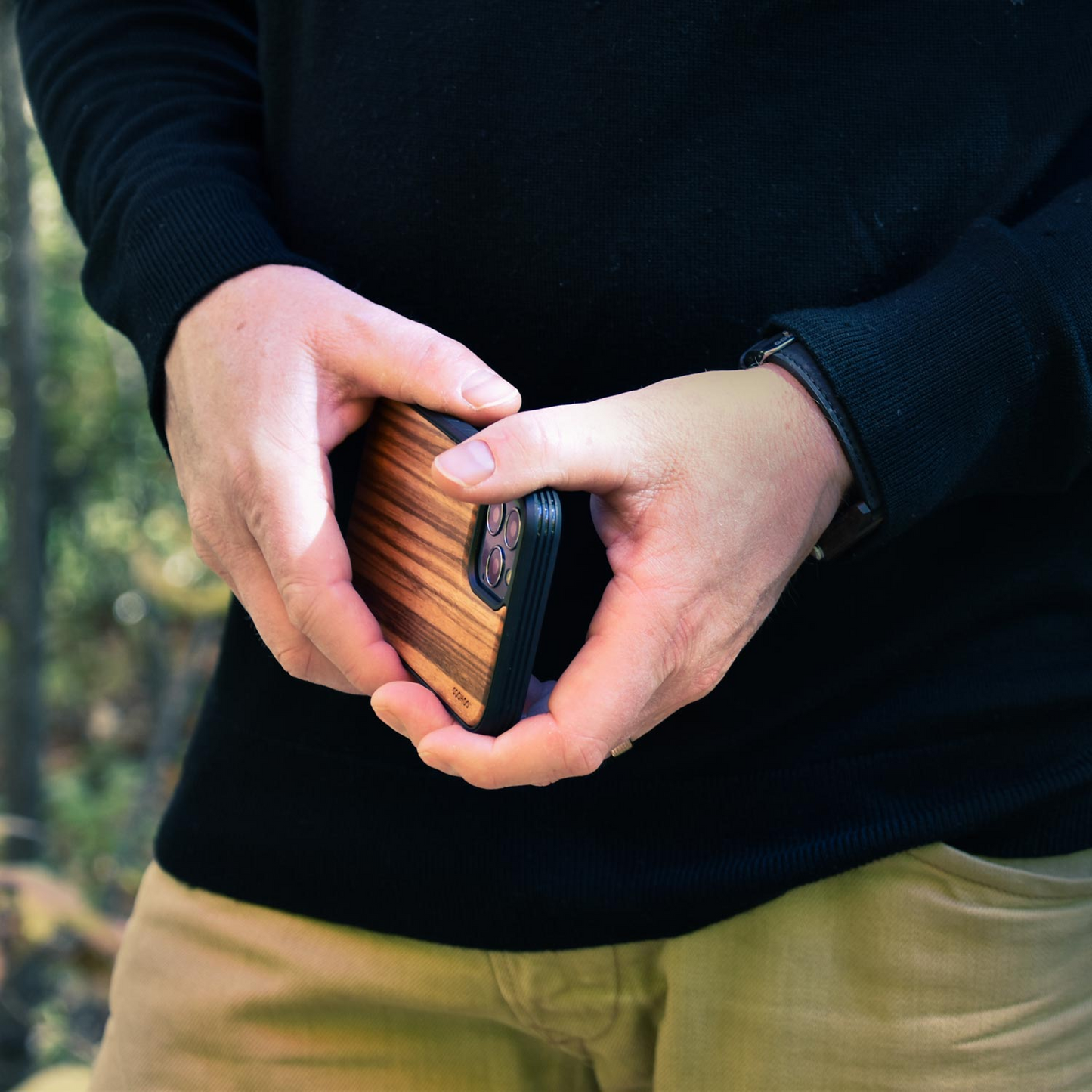 iPhone 12 Mini wood case zebra backside with TPU bumper and black PC