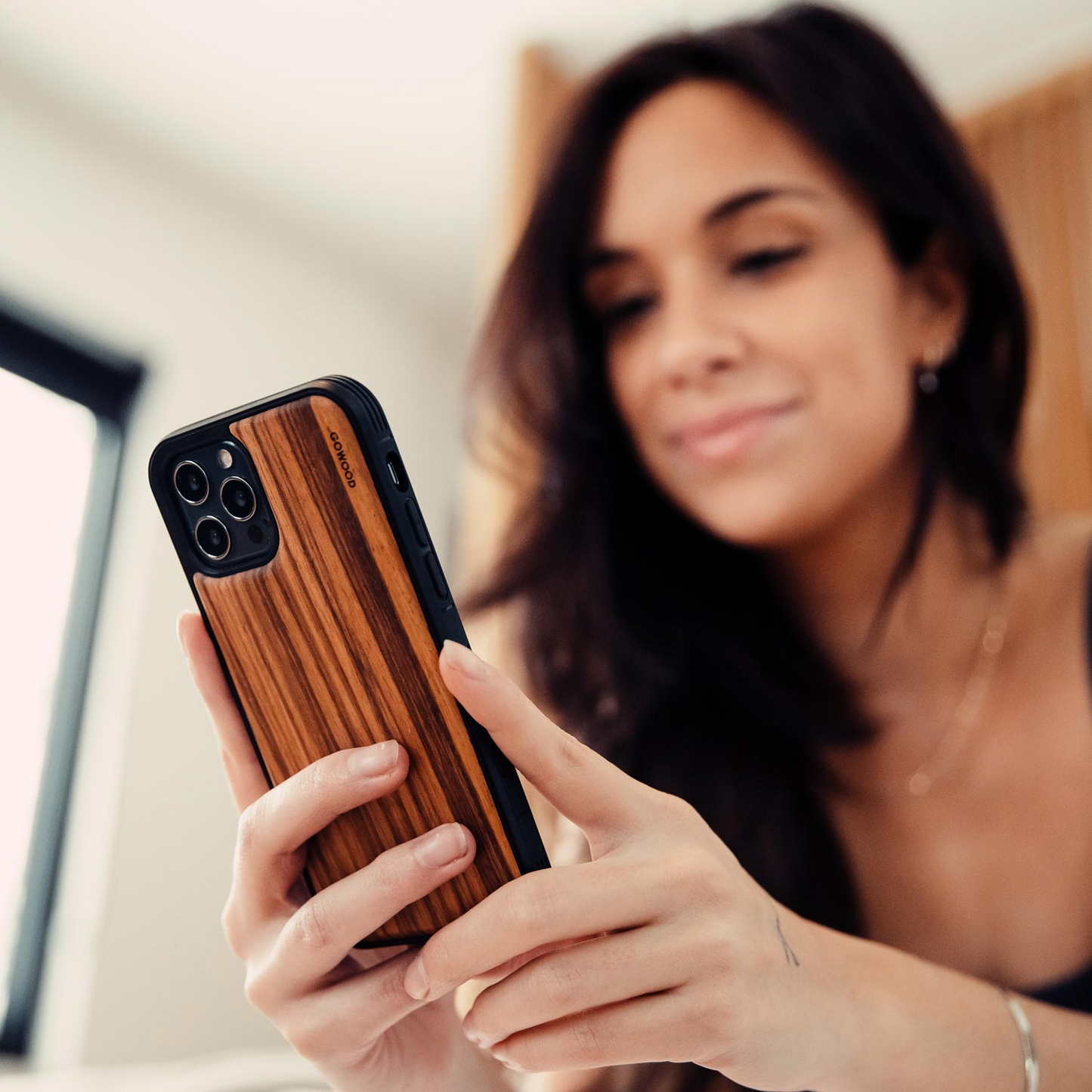 iPhone 12 Mini wood case zebra backside with TPU bumper and black PC