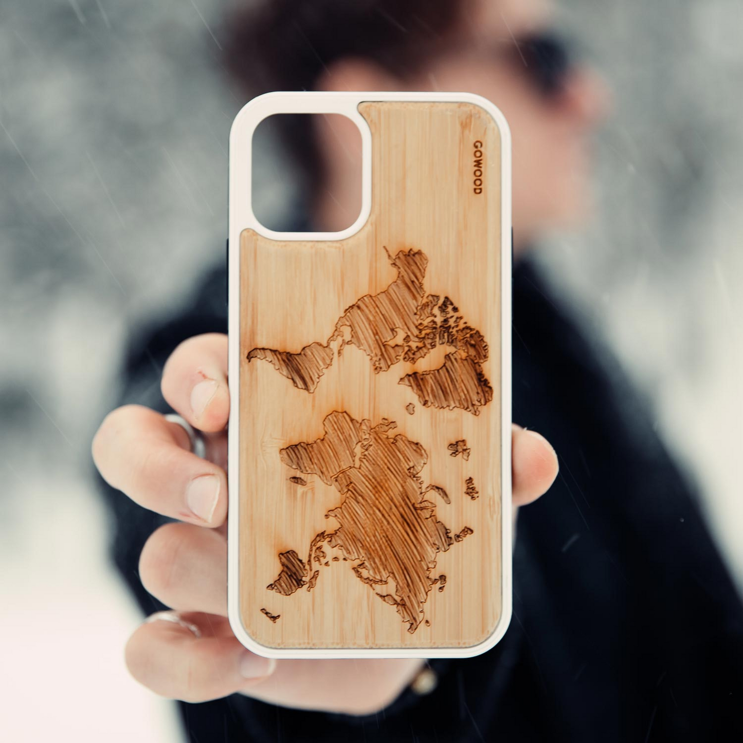 iPhone 12 Mini wood case world map engraved bamboo backside with TPU bumper