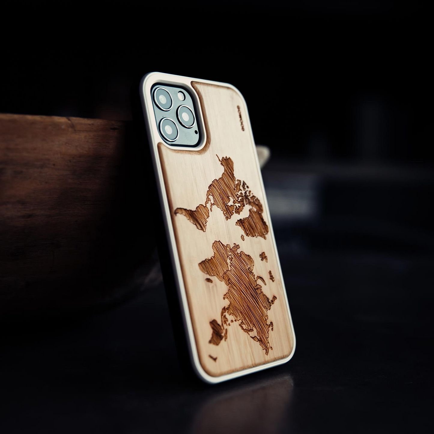 iPhone 12 Mini wood case world map engraved bamboo backside with TPU bumper