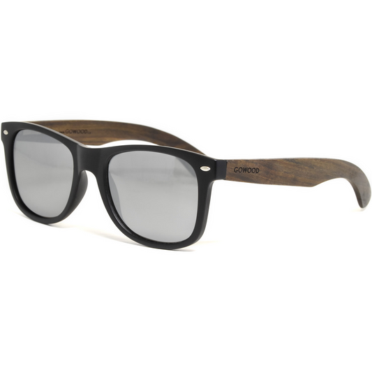 Ebony wood classic style sunglasses with silver mirrored polarized lenses