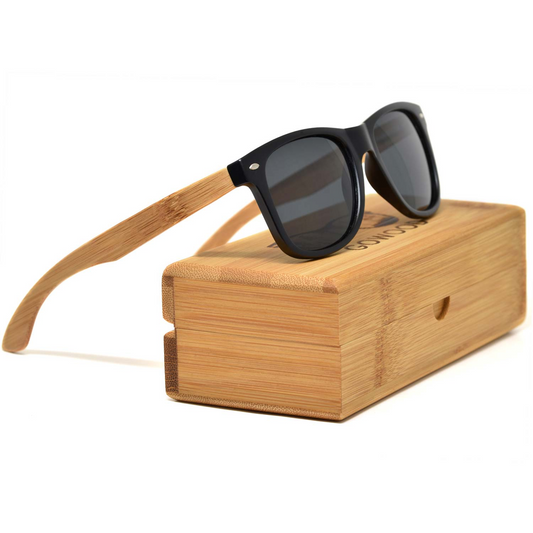 Bamboo wood classic style sunglasses with black polarized lenses