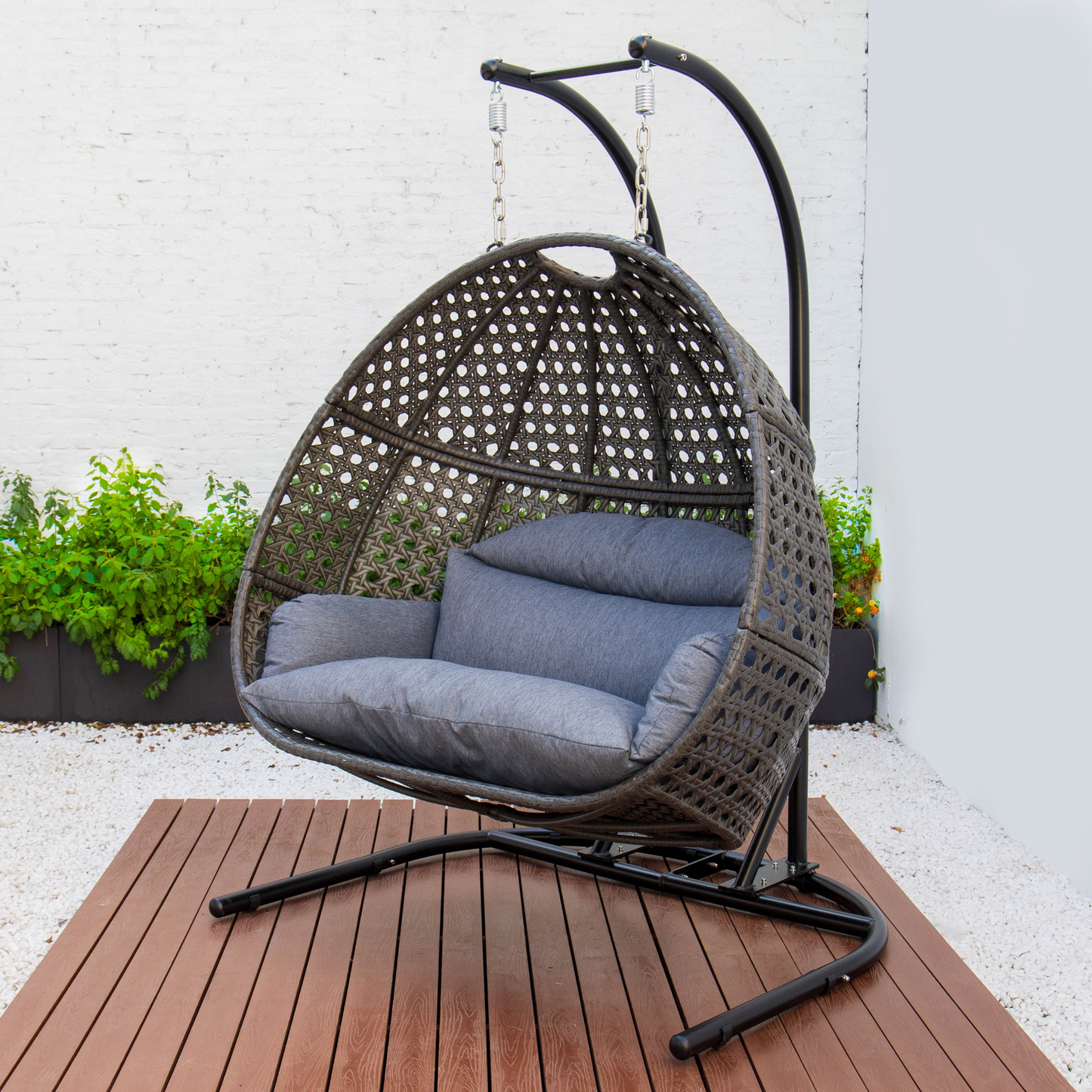 TOPMAX Hanging Double-Seat Swing Chair with Stand (Charcoal Wicker)