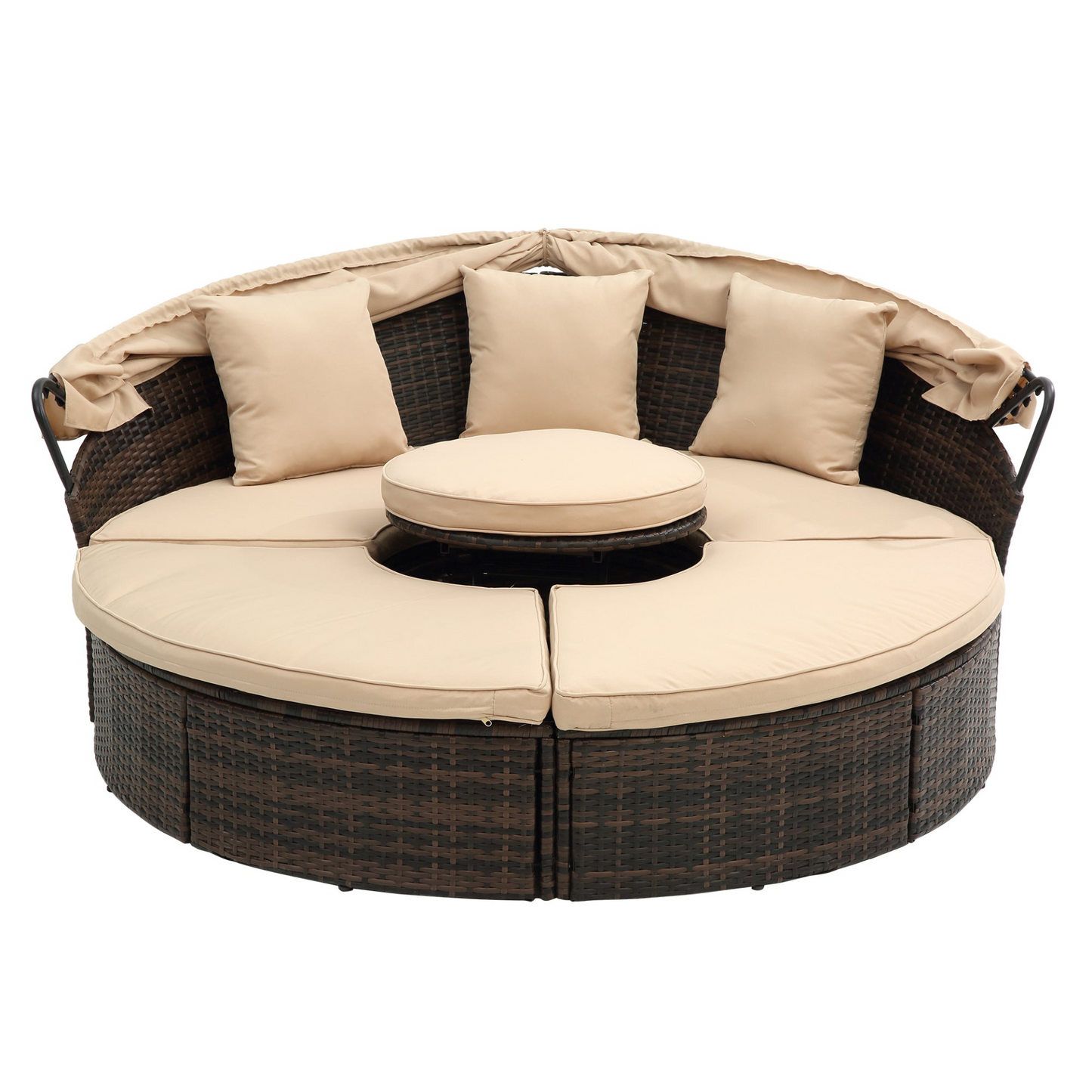 TOPMAX Rattan Round Lounge with Canopy and Lift Coffee Table
