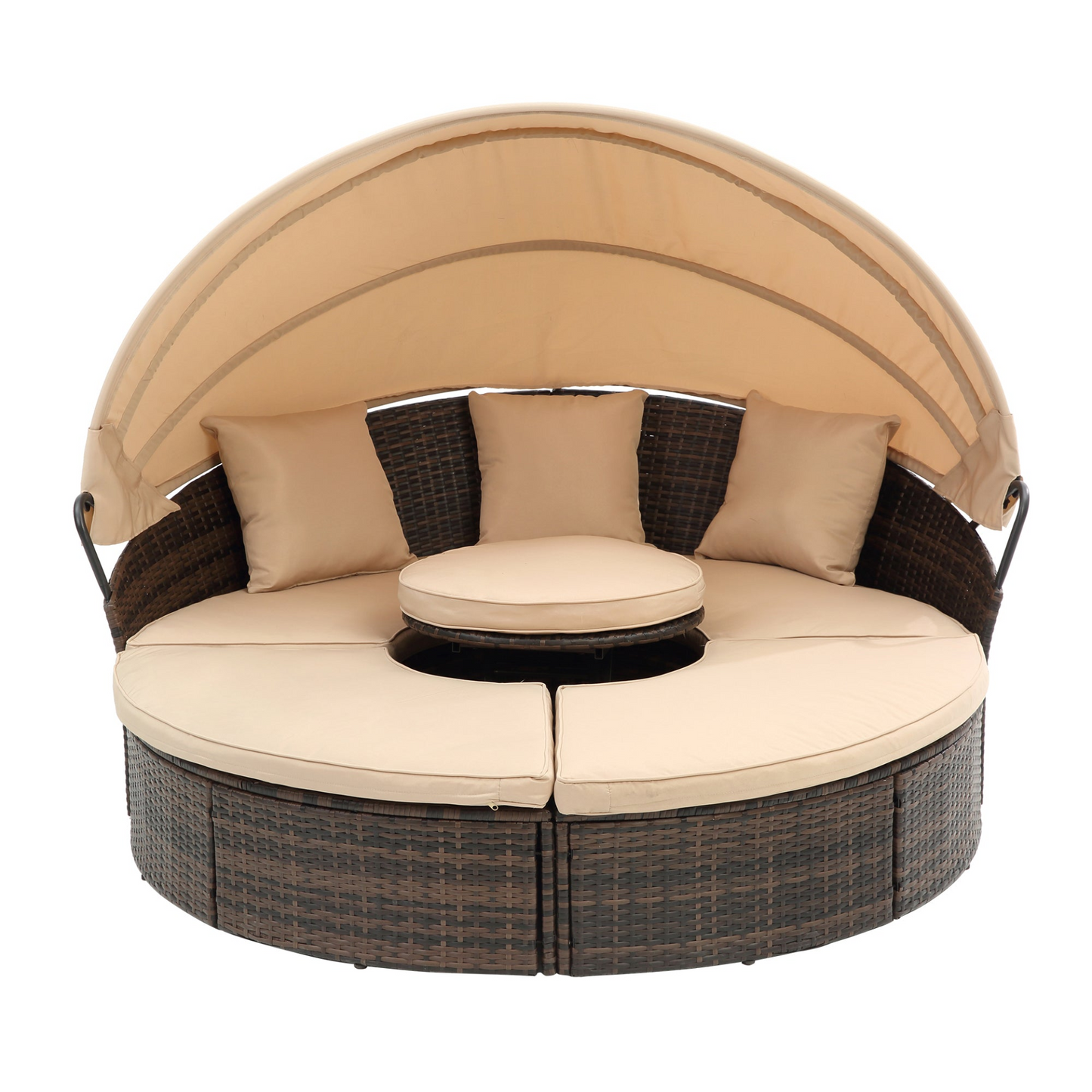 TOPMAX Rattan Round Lounge with Canopy and Lift Coffee Table