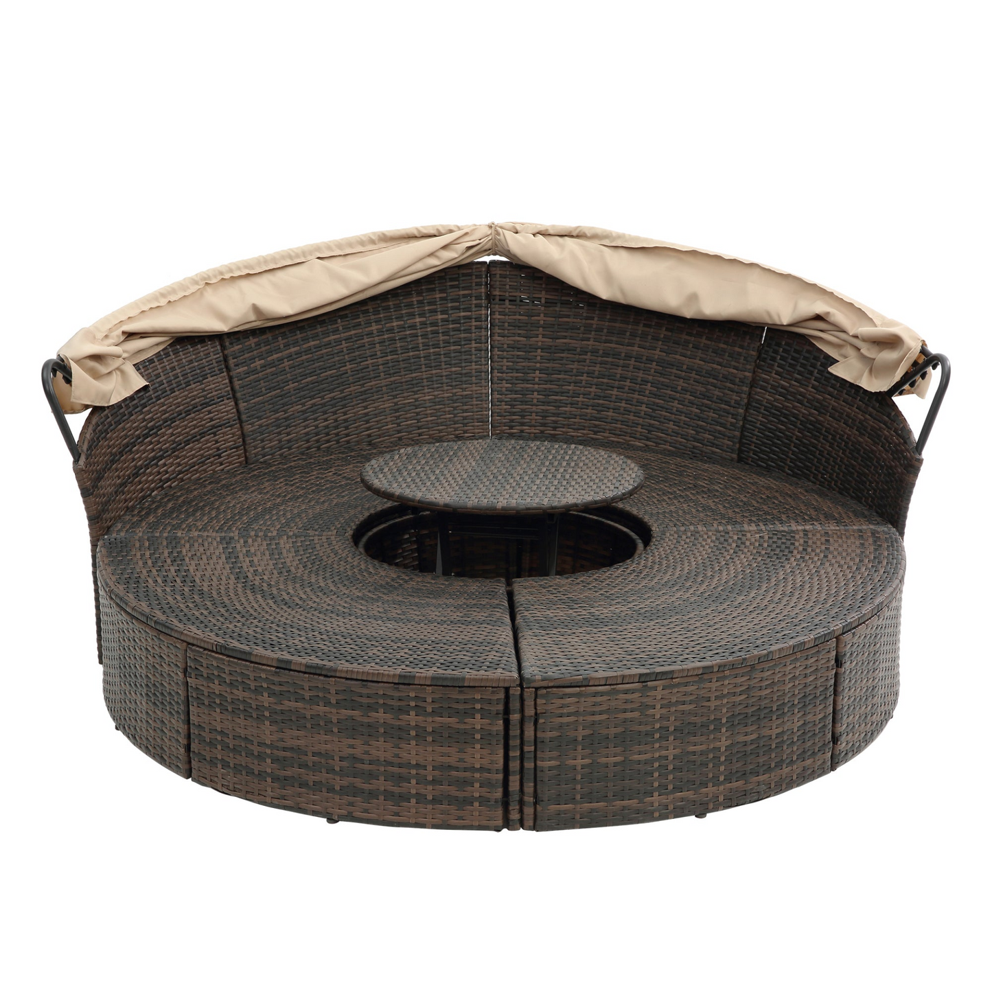 TOPMAX Rattan Round Lounge with Canopy and Lift Coffee Table
