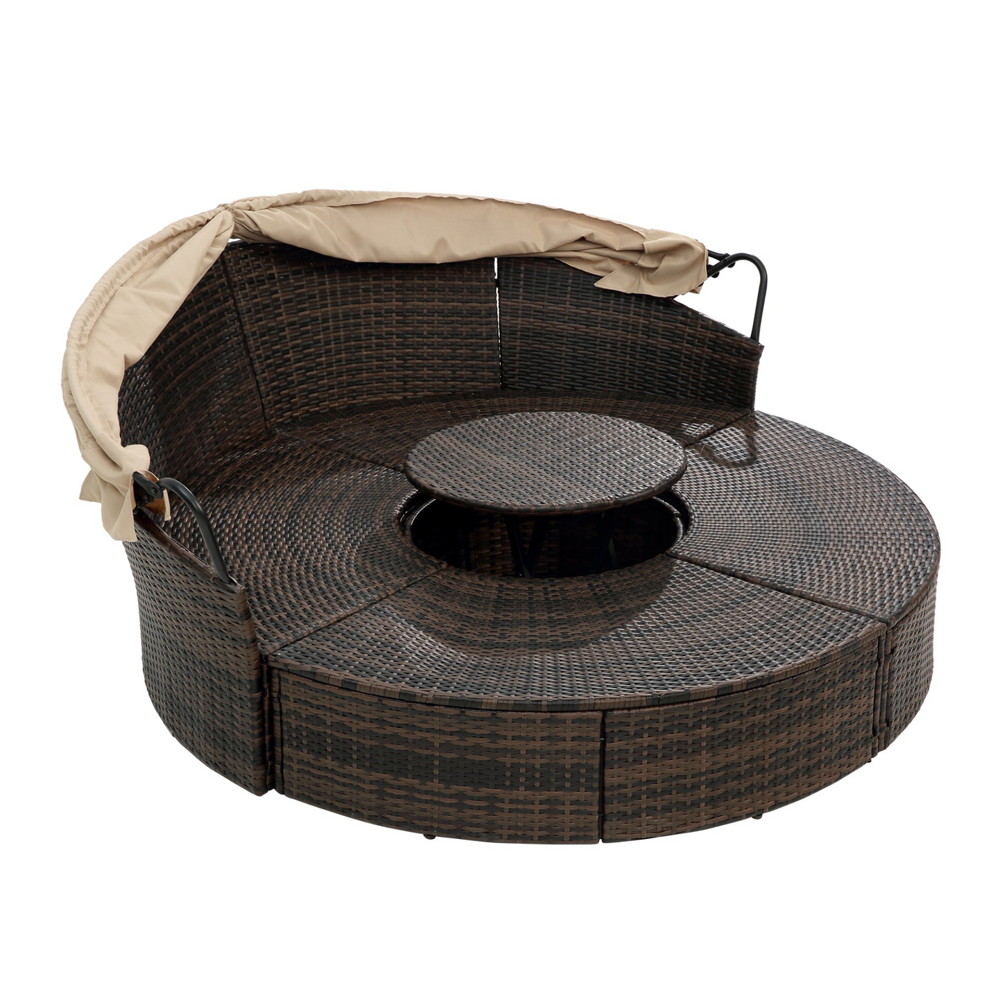 TOPMAX Rattan Round Lounge with Canopy and Lift Coffee Table