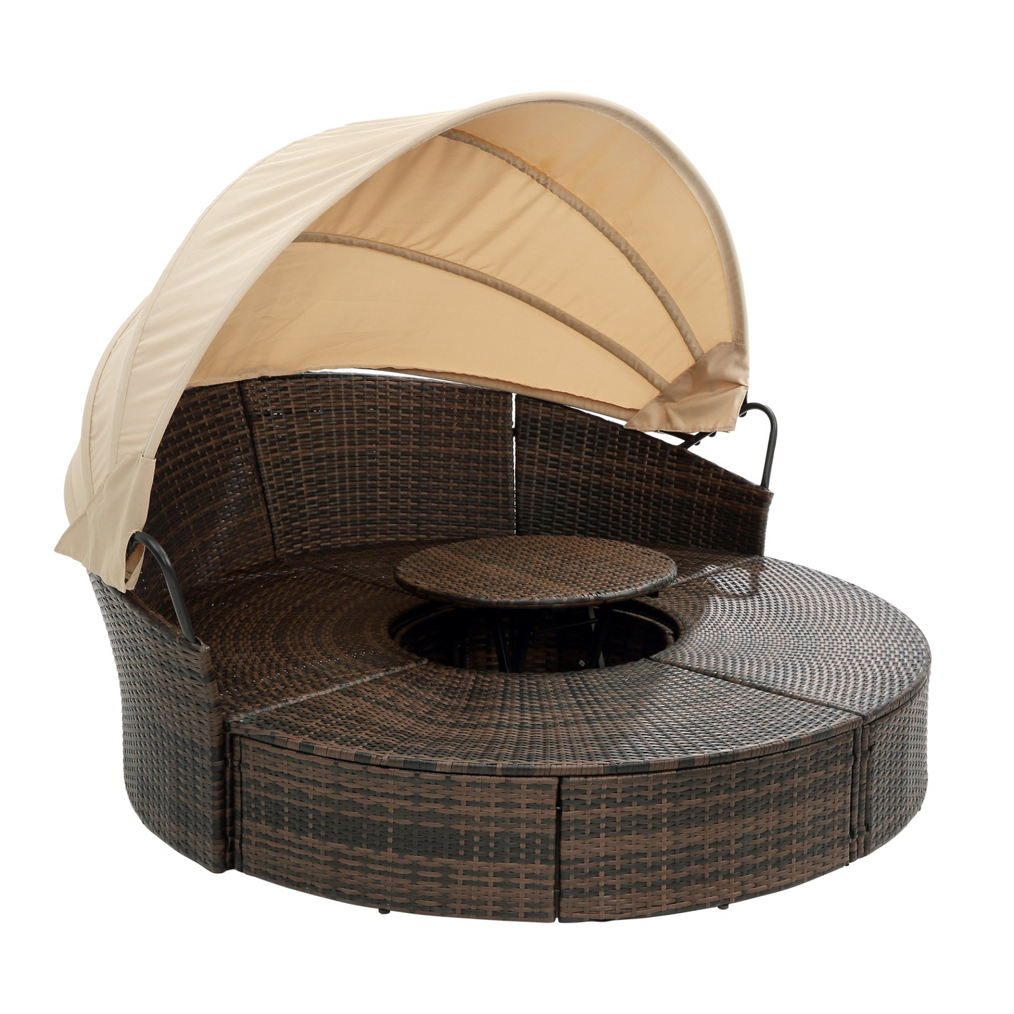 TOPMAX Rattan Round Lounge with Canopy and Lift Coffee Table