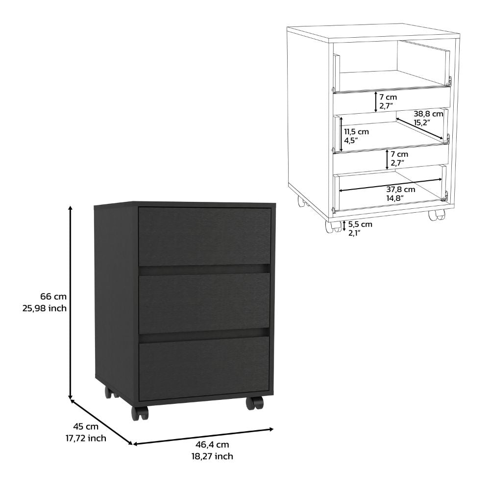 Three Drawers Bang, Filing Cabinet, Roller Blade Glide, Black Wengue Finish
