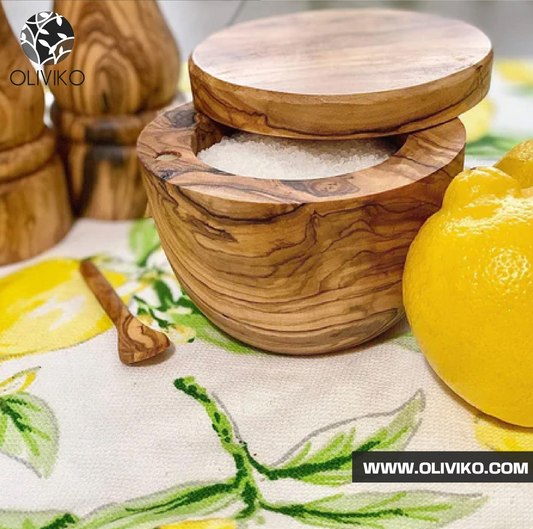 OLIVIKO Handmade Olive Wood Salt keeper box, Salt cellar with magnetic lock