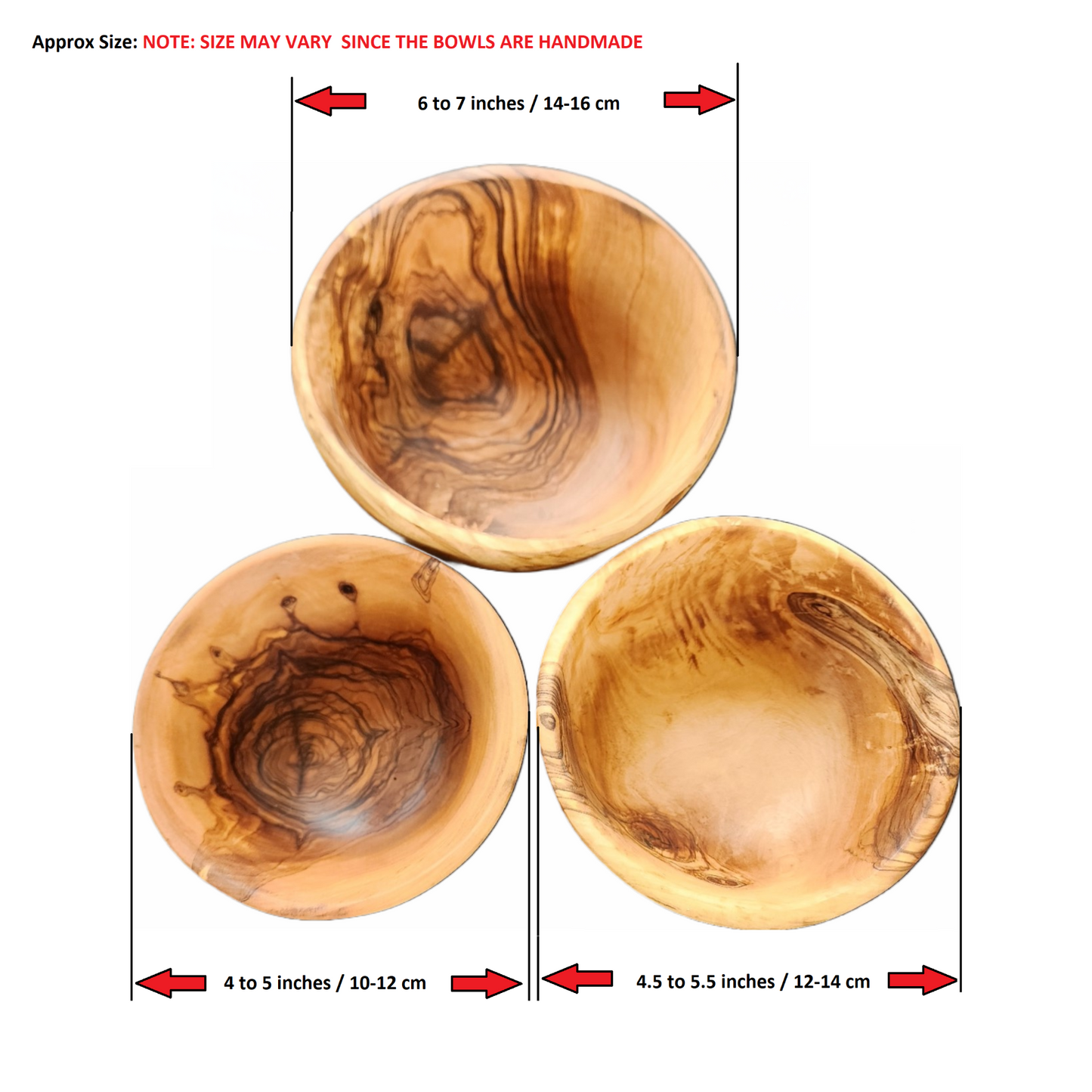 OLIVIKO 100% Handmade Olive Wood kit 3 Bowls, slad Bowl, snack Bowl 12, 14 and 16 cm Bowl