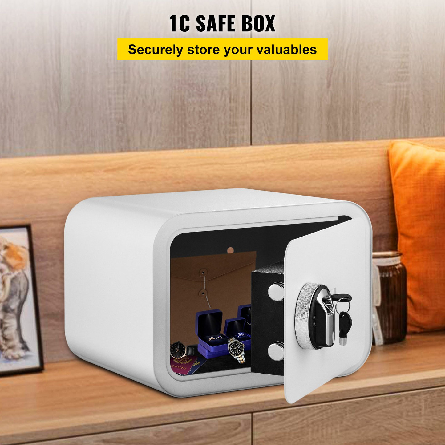 VEVOR Safe Box, 1 Cubic Foot Money Safe with Fingerprint Lock and Key Lock, Alloy Steel Home Safes with 2 Keys, Wall-Mounted Security Safe for Cash, Watch, Jewelry, Passports, Documents (White)