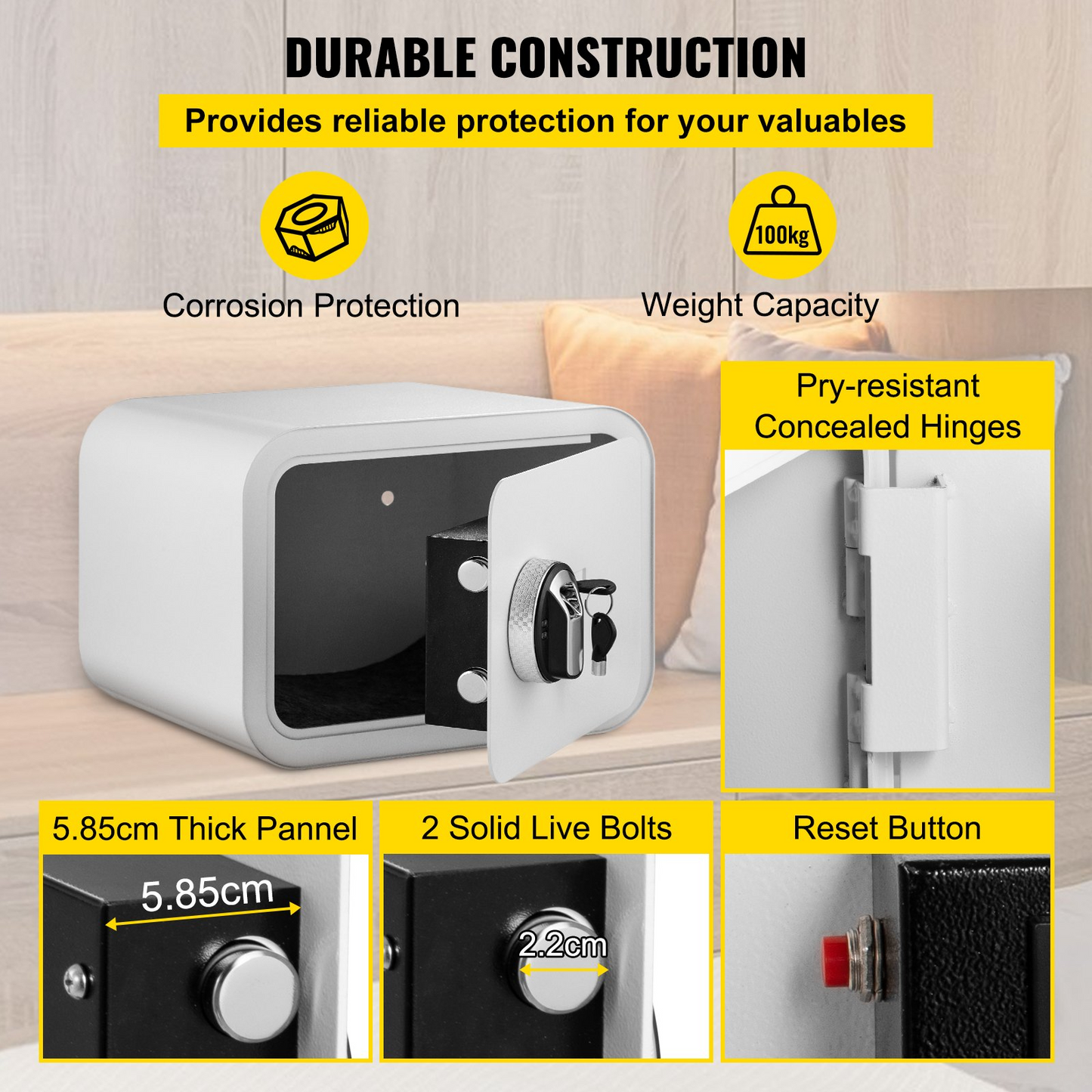 VEVOR Safe Box, 1 Cubic Foot Money Safe with Fingerprint Lock and Key Lock, Alloy Steel Home Safes with 2 Keys, Wall-Mounted Security Safe for Cash, Watch, Jewelry, Passports, Documents (White)