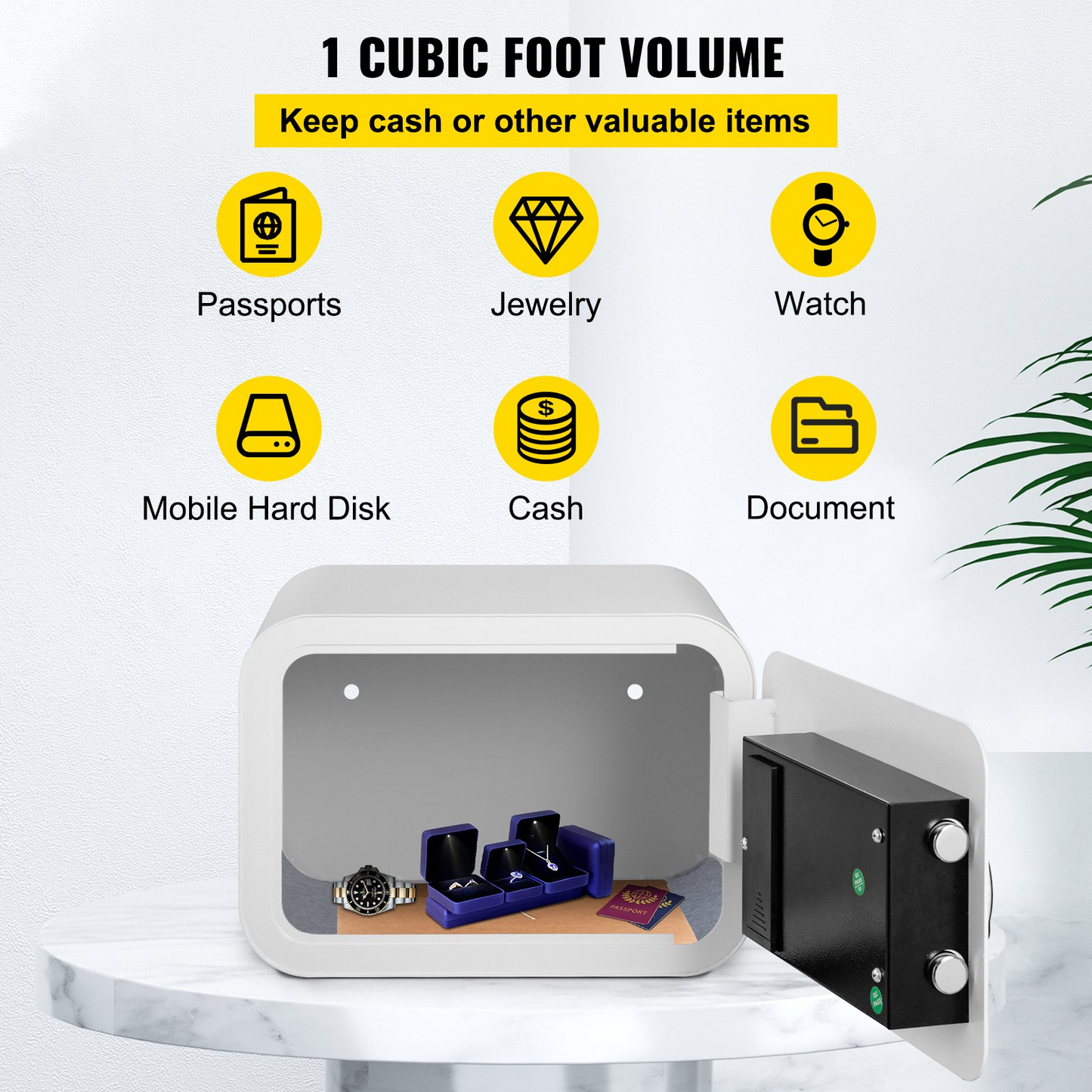 VEVOR Safe Box, 1 Cubic Foot Money Safe with Fingerprint Lock and Key Lock, Alloy Steel Home Safes with 2 Keys, Wall-Mounted Security Safe for Cash, Watch, Jewelry, Passports, Documents (White)