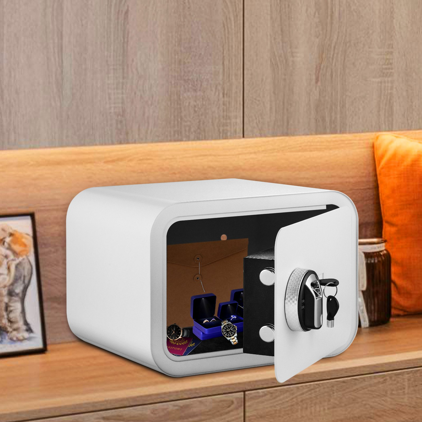 VEVOR Safe Box, 1 Cubic Foot Money Safe with Fingerprint Lock and Key Lock, Alloy Steel Home Safes with 2 Keys, Wall-Mounted Security Safe for Cash, Watch, Jewelry, Passports, Documents (White)