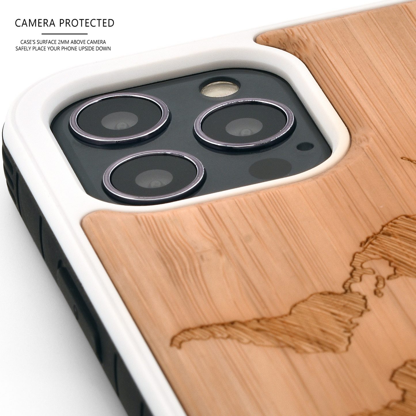 iPhone 12 Mini wood case world map engraved bamboo backside with TPU bumper