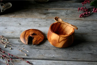 OLIVIKO 100% olive wood Sugar box, Spices box, wooden box with spoon, sugar bowl with lid