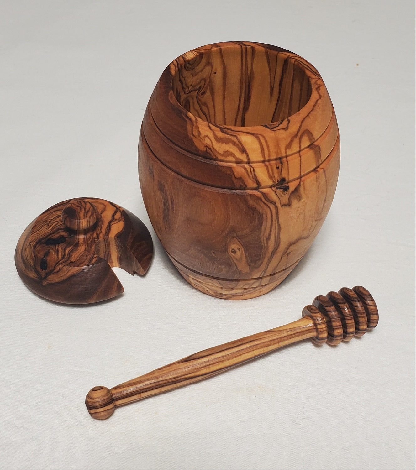 OLIVIKO 100% olive wood Honey pot, Jar with a dipper