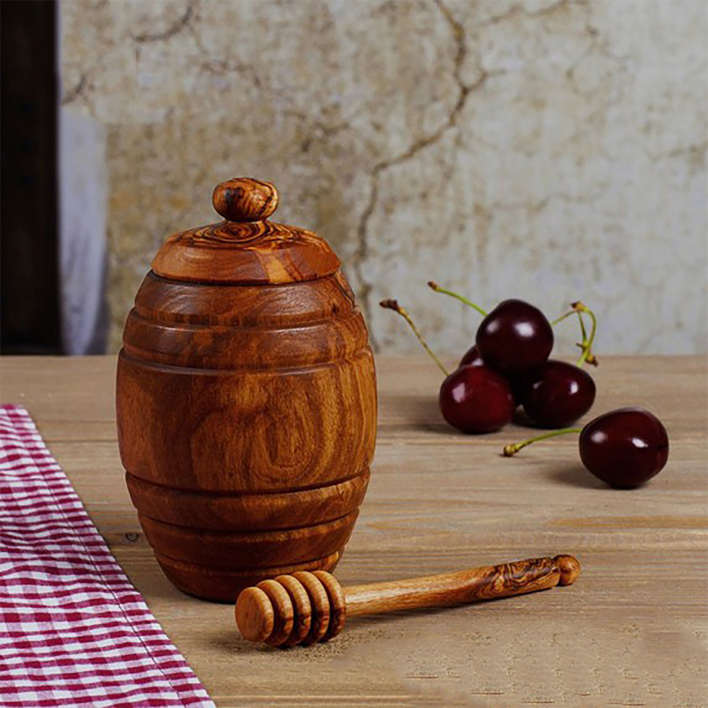 OLIVIKO 100% olive wood Honey pot, Jar with a dipper