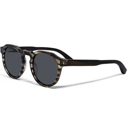 Ebony wood panto sunglasses with smog frame and black polarized lenses