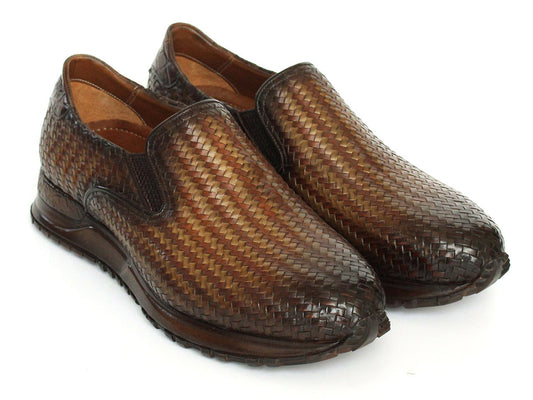 Paul Parkman Men's Brown Woven Leather Slip-On Sneakers (ID#LW204BRW)