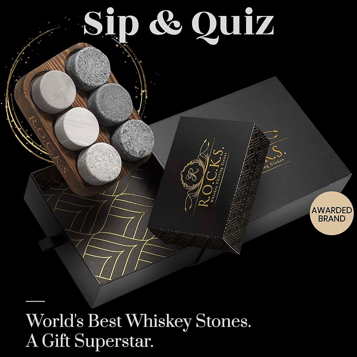 R.O.C.K.S Whiskey Chilling Stones & Whiskey Quiz Gift Set - 100 Q&A
