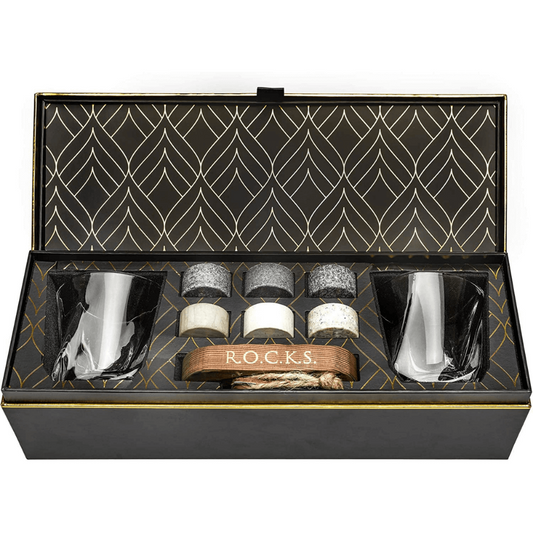 R.O.C.K.S Whiskey Chilling Stones Gift Set With 2 Twist Crystal Glasses