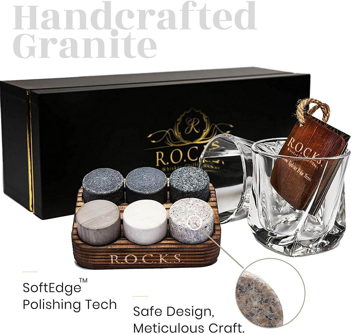 R.O.C.K.S Whiskey Chilling Stones Gift Set With 2 Twist Crystal Glasses