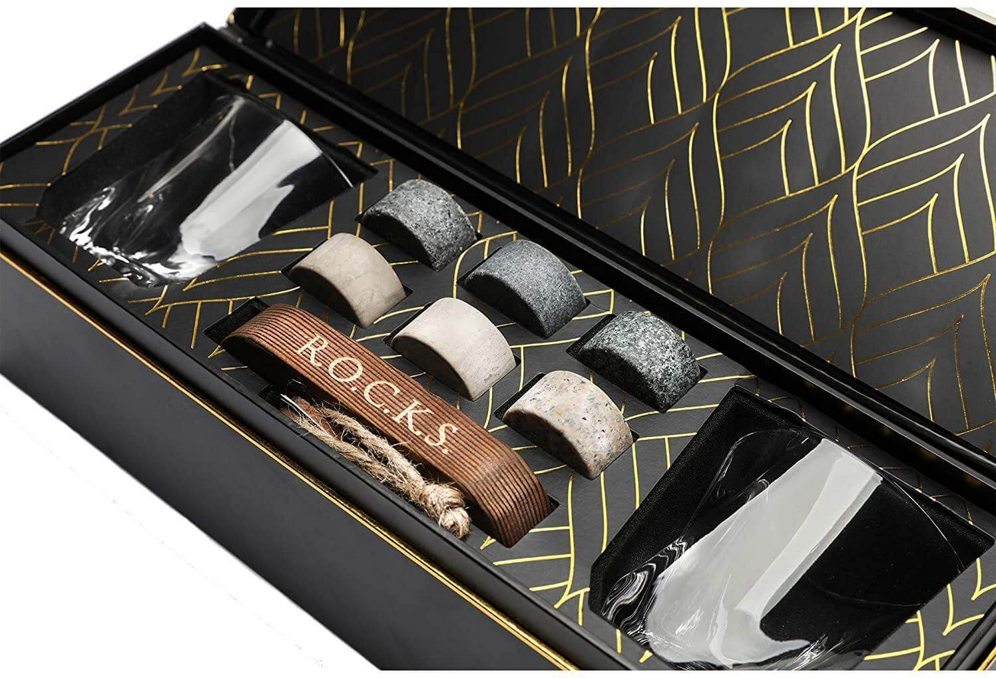 R.O.C.K.S Whiskey Chilling Stones Gift Set With 2 Twist Crystal Glasses