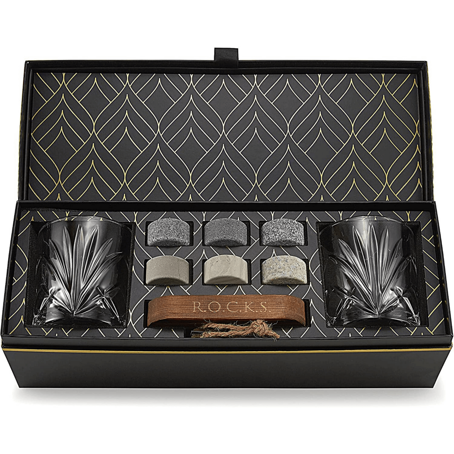 R.O.C.K.S Whiskey Chilling Stones Gift Set With 2 Palm Crystal Glasses