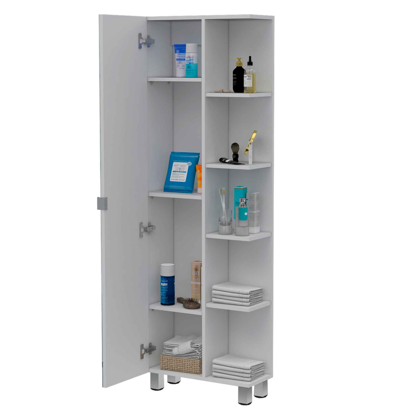 Venus Mirror Linen Single Door Cabinet, Five External Shelves, Four Interior Shelves